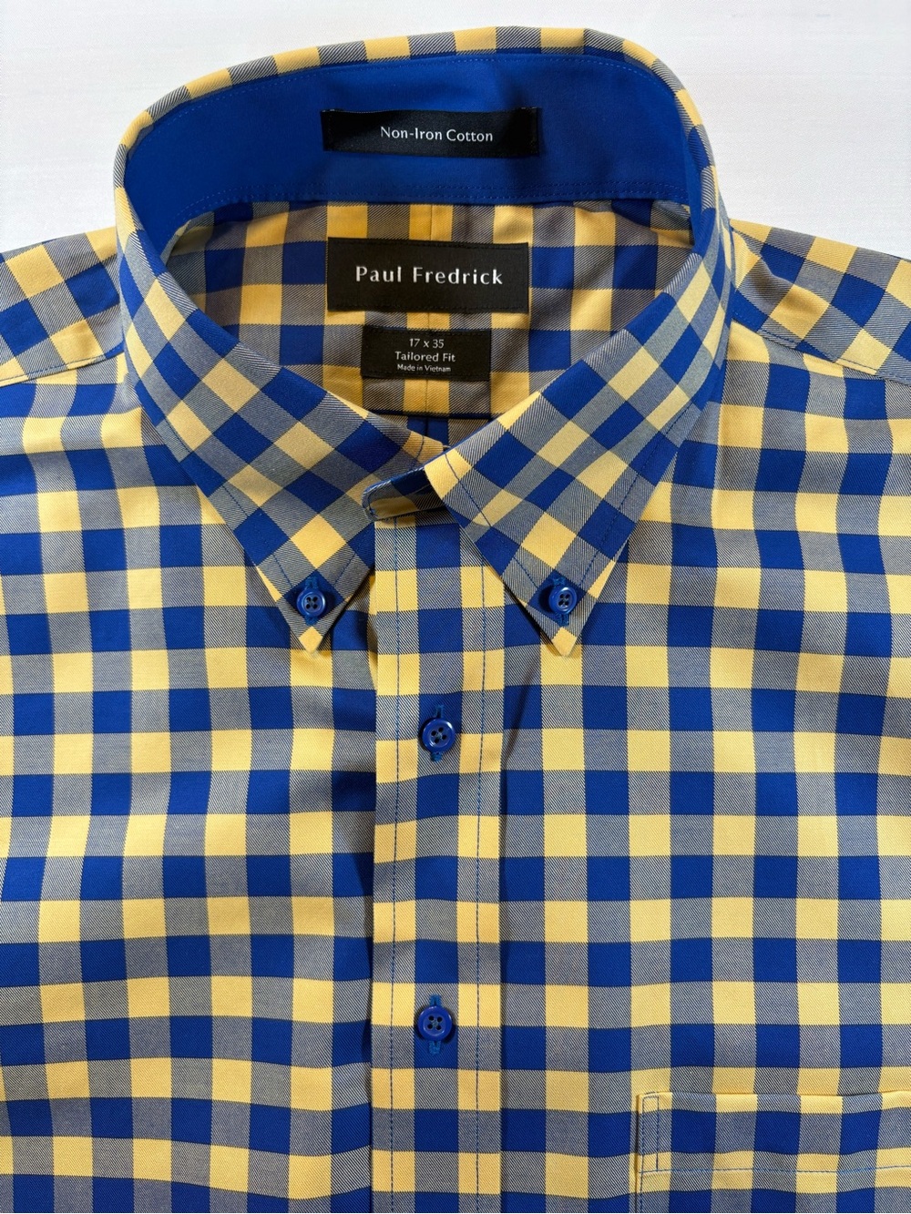 Paul Fredrick Mens Non-Iron Cotton Dress Shirt 17 x 35 Tailored Fit Blue Yellow